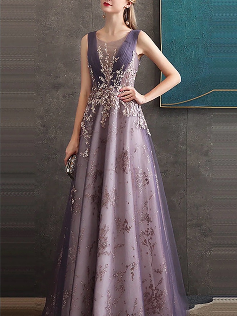 Sparkly Purple and Gold A-Line Sleeveless Tulle Long Prom Dress